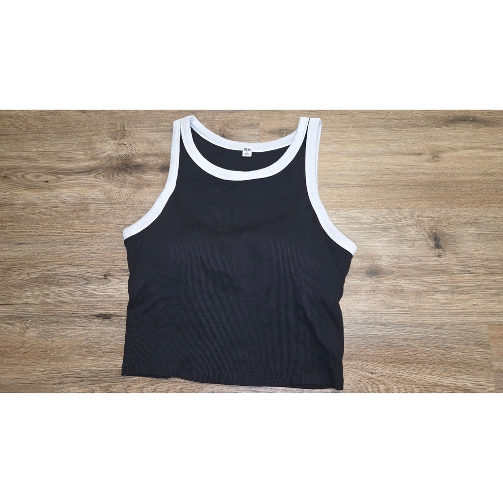 UNIQLO size M Padded Bra Ribbed Tank Crop Top Black/ White Trim
